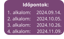 Időpontok: 	1.	alkalom:	2024.09.14. 2. alkalom:	2024.10.05. 3. alkalom:	2024.10.26. 4. alkalom:	2024.11.09.